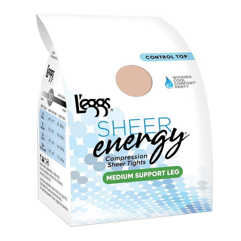 L'eggs Sheer Energy Light Support Leg Control Top, Sheer Toe Pantyhose, Size B, Medium